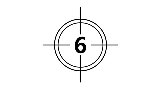 Classic film countdown frame featuring number 6 inside a target circle with crosshair lines. Inspired by vintage movie leader countdowns, this minimal black and white design is perfect for video produ