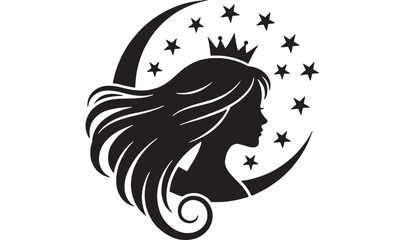 Princess woman head silhouette with crown and shooting stars, night sky magic vector icon with premium style featuring royal, zodiac, fantasy with © skakter24