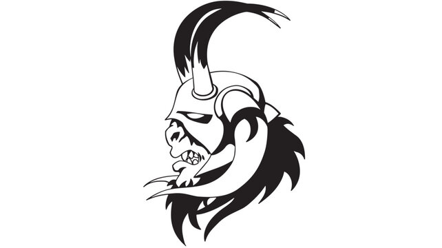 Dragon head tattoo icon with flame-like hair, bold black and white outline, and fierce fantasy style featuring monochrome, emblem, logo with mascot