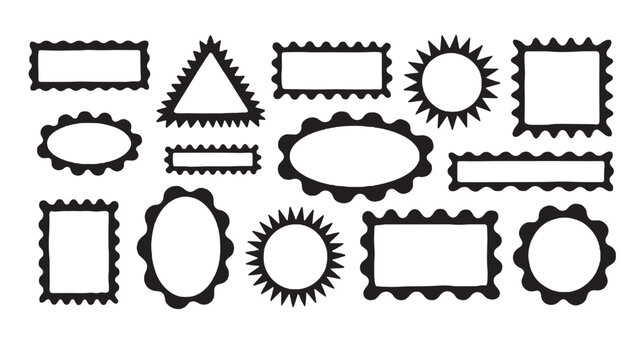 Ticket stamp set with premium black frame labels, sunburst and scalloped shapes, isolated vector icons for branding featuring label, badge, seal with