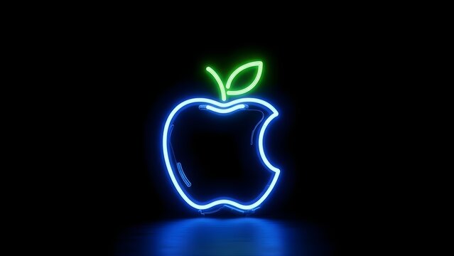 Neon Apple Logo with Leaf in Neon Light Art