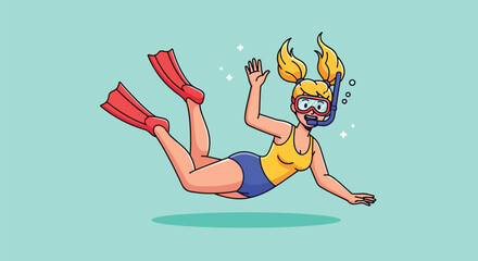 Illustration of a young woman snorkeling underwater. © NFS Studio