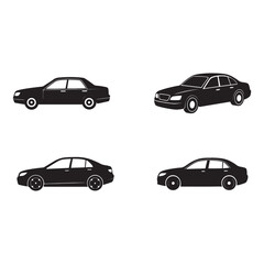 Obraz premium Four black cars in different models and angles on white background for transportation and vehicle concepts