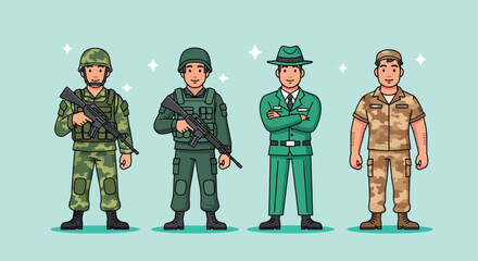 Obraz premium Set of cartoon soldiers in various military uniforms.