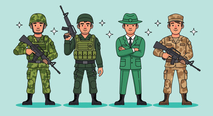 Obraz premium Set of four cartoon military personnel characters in different uniforms.