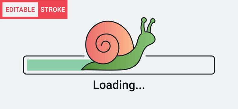Snail progress bar icon with editable stroke, cute cartoon snail loading line for website or mobile app interface
