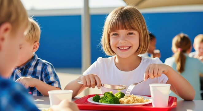 Happy schoolgirl enjoys a healthy lunch with broccoli and grains while sitting at a cafeteria table with her classmates.