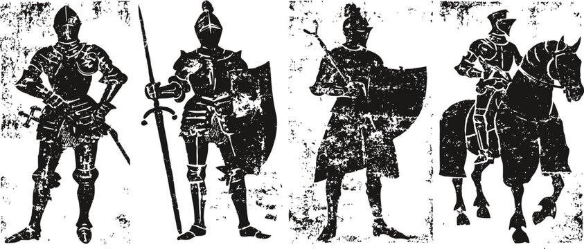 Medieval knights in armor with weapons and mounted warrior silhouette set