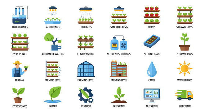 Modern vector illustration showcasing hydroponics, aeroponics, and sustainable farming methods in vibrant colors, depicting innovative agricultural techniques for a greener future.