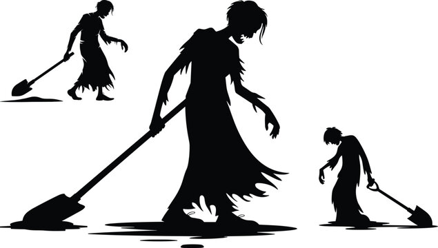 Zombie silhouettes collection, undead digging with shovel, horror character poses, spooky walking figures, dark Halloween set &ndash; vector illustration