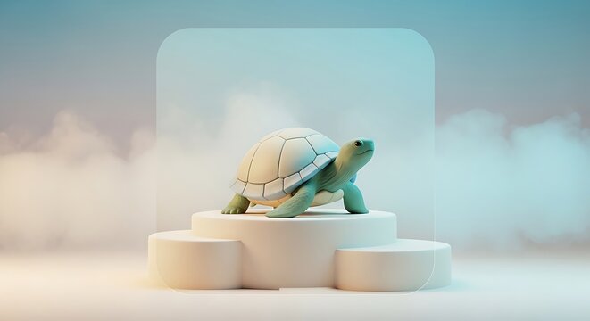 Cute cartoon turtle climbing on stylized white floating platform with soft gradient sky background