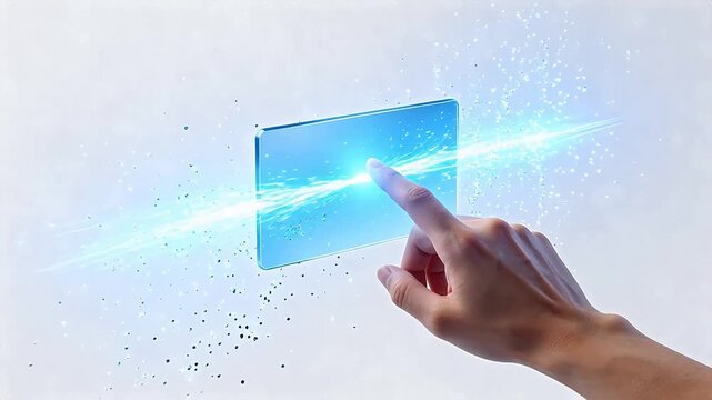Hand interacting with a glowing digital screen