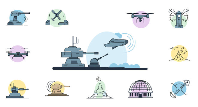 Military technology set, featuring artillery, drones, radar systems, and a futuristic aircraft, rendered in a minimalist flat design with pastel color accents and clean vector