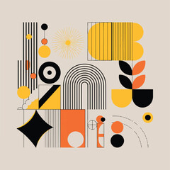 Obraz premium A modern geometric abstract art composition featuring bold shapes, clean lines, and a vibrant color palette of orange, yellow, and black on a neutral background