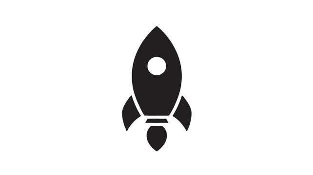 Rocket launch icon with flame shape and circular window, simple vector style for startup, space, and technology themes featuring emblem, logo, flat