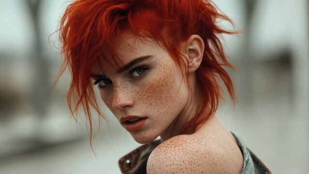 Red hair glows against soft, blurred background