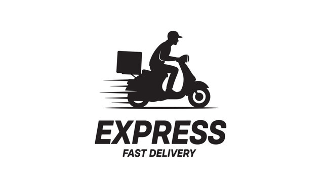 Delivery rider on scooter with package and speed lines, featuring the word EXPRES for fast delivery branding featuring express, courier, motorbike