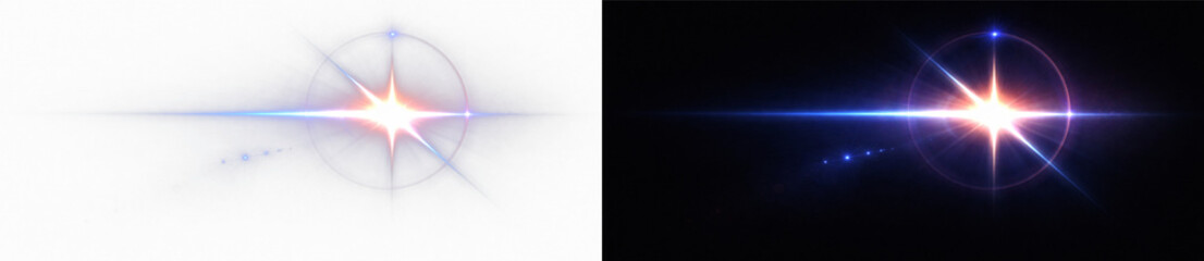 Naklejka premium Lens flare light burst with glowing halo ring, bright star shine and radiant beams, abstract optical illumination effect with colorful glow and streaks on transparent background