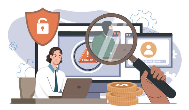 Catching online fraudster. Woman sits at laptop and looks at robber through magnifying glass. Cybercrime and criminality on internet. Scammer steals personal data online. Flat vector illustration