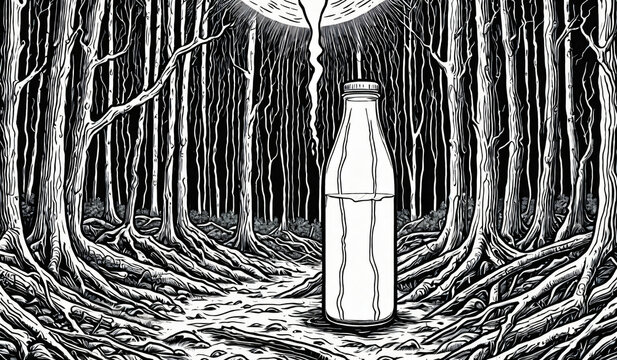 Black and white coloring book page, A milk bottle in a thunder lit forest,  