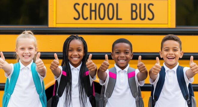 Diverse group of happy elementary school children show thumbs up signs in front of a yellow transport vehicle.
