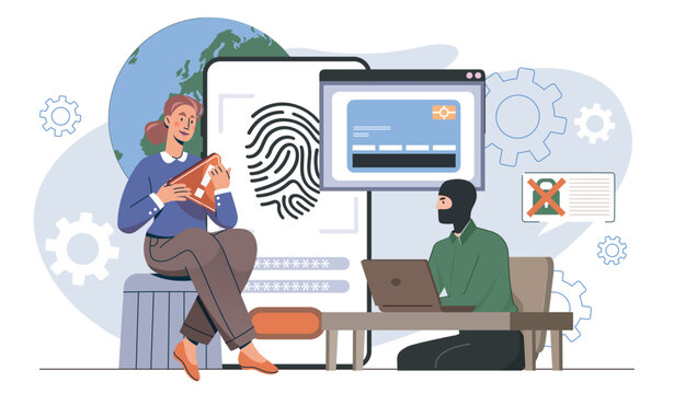 Cyber criminal concept. Masked man steals personal data online. Virus and fraud on internet. Scam and theft, phishing. Woman suffer from cybercrime. Flat vector illustration