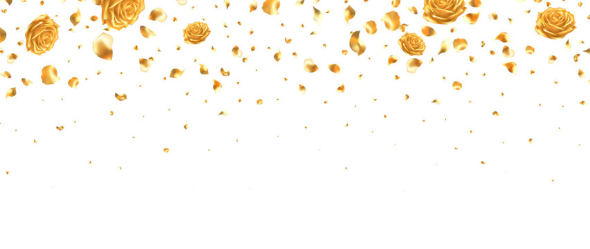 3D vector metallic gold roses and loose golden petals brand advertisements, luxury event invitations, and festive banners.