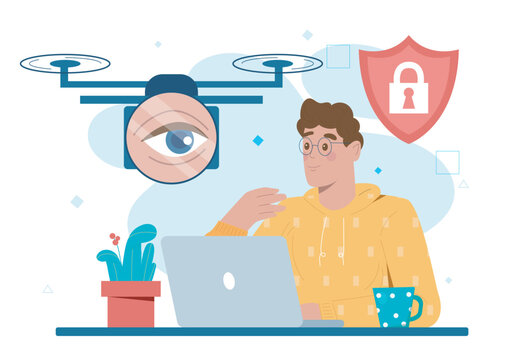 Man under surveillance. Young guy with laptop sits under camera. CCTV at workplace for monitoring. Pressure on employee and violation of civil rights. Flat vector illustration