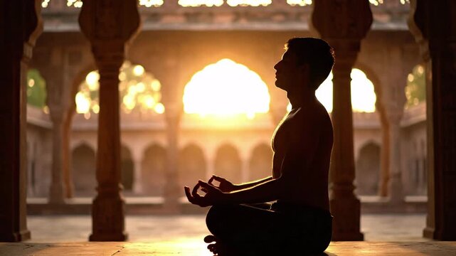 Silhouette of a man meditating in lotus pose at sunrise in ancient courtyard, spiritual practice, zen and mindfulness