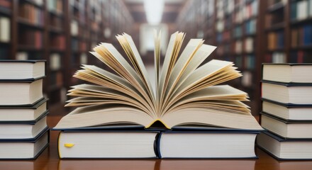 Naklejka premium Open book sits prominently on a wooden table surrounded by stacks of books in a library.