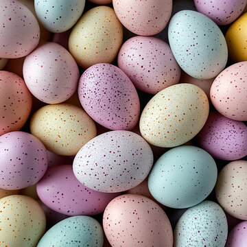 Close-up top view of colorful speckled Easter eggs in pastel color palette Generative AI.