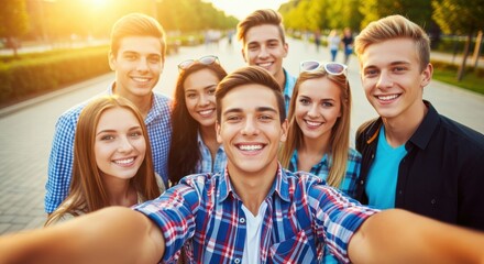 Fototapeta premium Happy young friends pose together for a selfie in a sunlit public park.