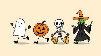Fototapeta premium Four halloween characters dancing together in a playful manner