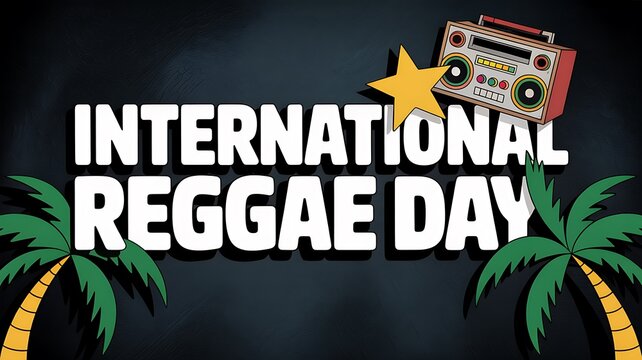 International reggae day celebration banner with boombox, star and palm trees on a chalkboard background