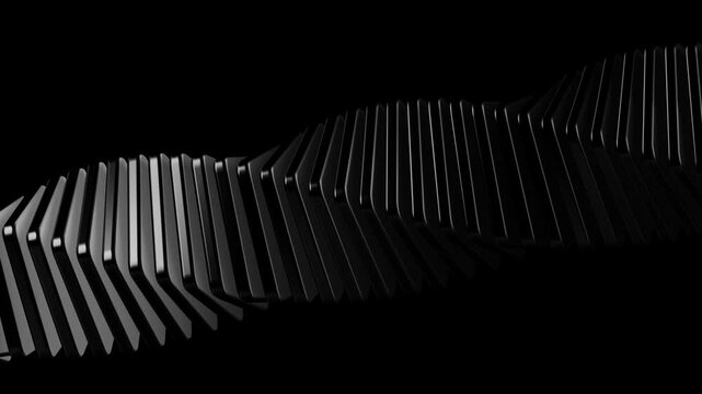 Abstract wave of black matte metal slats with subtle lighting highlights representing dark mode aesthetics and sophisticated modern industrial design language
