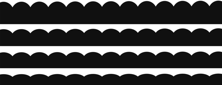 Scalloped edge seamless shapes vector set. Simple scalloped border. Simple scalloped border. Repeat vintage frill ornament. Texture ribbons isolated on white background. vector