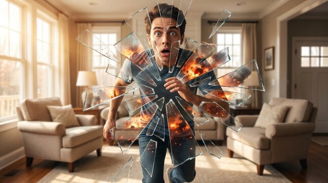 Fearful man shattering glass, fleeing a blazing fire within his house