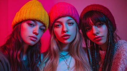 Naklejka premium Three stylish young women with colorful beanies posing under vibrant neon pink and blue lighting.