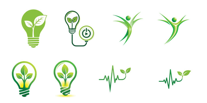 Green Energy and Wellness Icon Set: Eco-Friendly Light Bulbs, Abstract Healthy Human Figures, and Heartbeat Life Line with Leaves