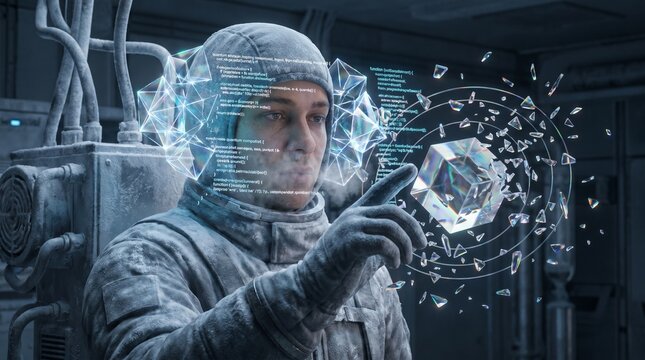 Futuristic Scientist Analyzing Complex Digital Data in Sub-Zero Research Lab