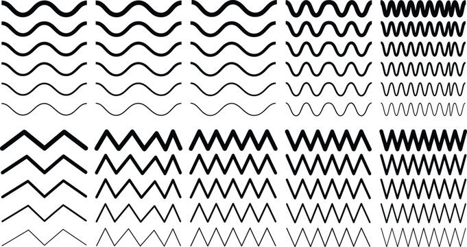 Wavy, zigzag, squiggly, curved, line, stroke, pattern, graphic, element, design, collection, set, border, brush, shape, frequency, wave, pulse, sound, illustration