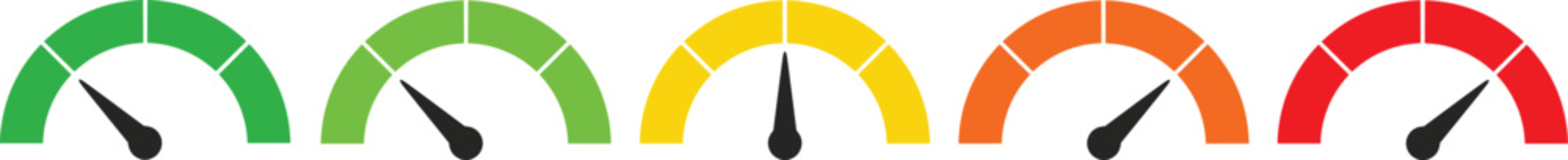 Speedometer gauge collection, colorful performance level indicators, dashboard measurement scales, progress dial icons from low to high with needles
