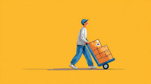 Man pushing a dolly with boxes on a yellow background