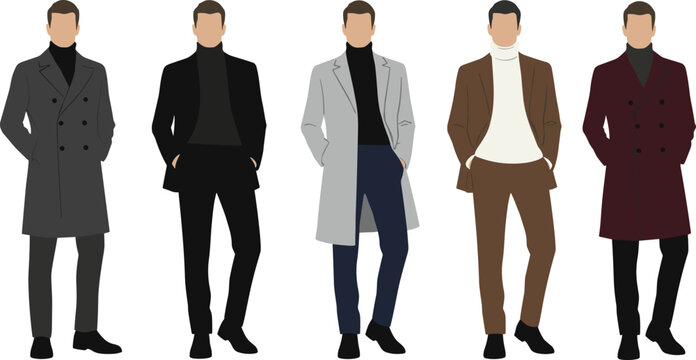 Set of faceless man silhouettes wearing elegant winter coats turtlenecks and formal autumn attire for professional male fashion design