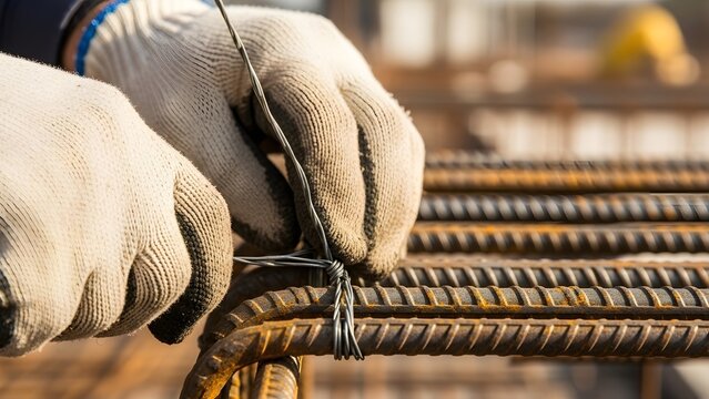 Skilled worker hands using tie wire to secure steel reinforcement bars for concrete pouring on site. Industrial construction process showcasing manual labor and structural engineering details