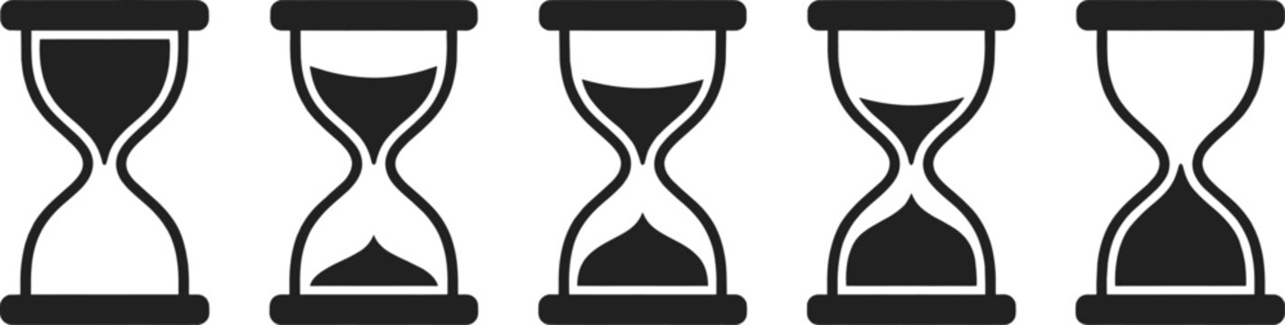 Hourglass loading icons, sand clock timer collection showing time progress, black silhouette symbols isolated on white background, countdown graphic