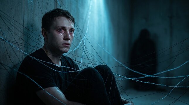 Distressed young man trapped by tangled wire in a dark confined space