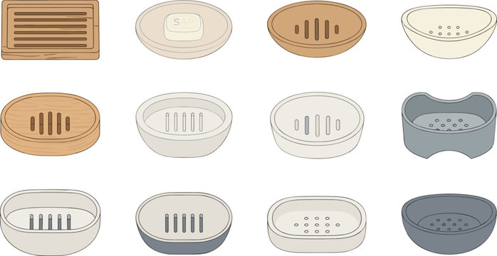 Soap Case Vector Set Featuring Multiple Bathroom Dish Designs Including Wooden Plastic And Ceramic Holders For Personal Hygiene Home Decor And Sanitary Graphic Designs