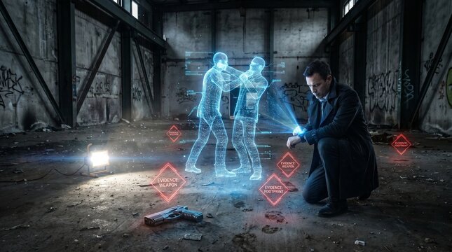 Detective investigating a crime scene with holographic reconstruction