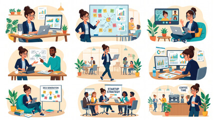 Fototapeta premium Business Woman Character Vector – Working Female Casual Office Start-Up Animation Set